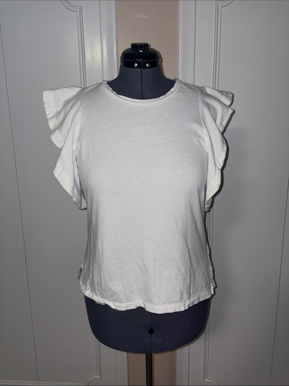 All Saints White Ruffle Sleeve Tee